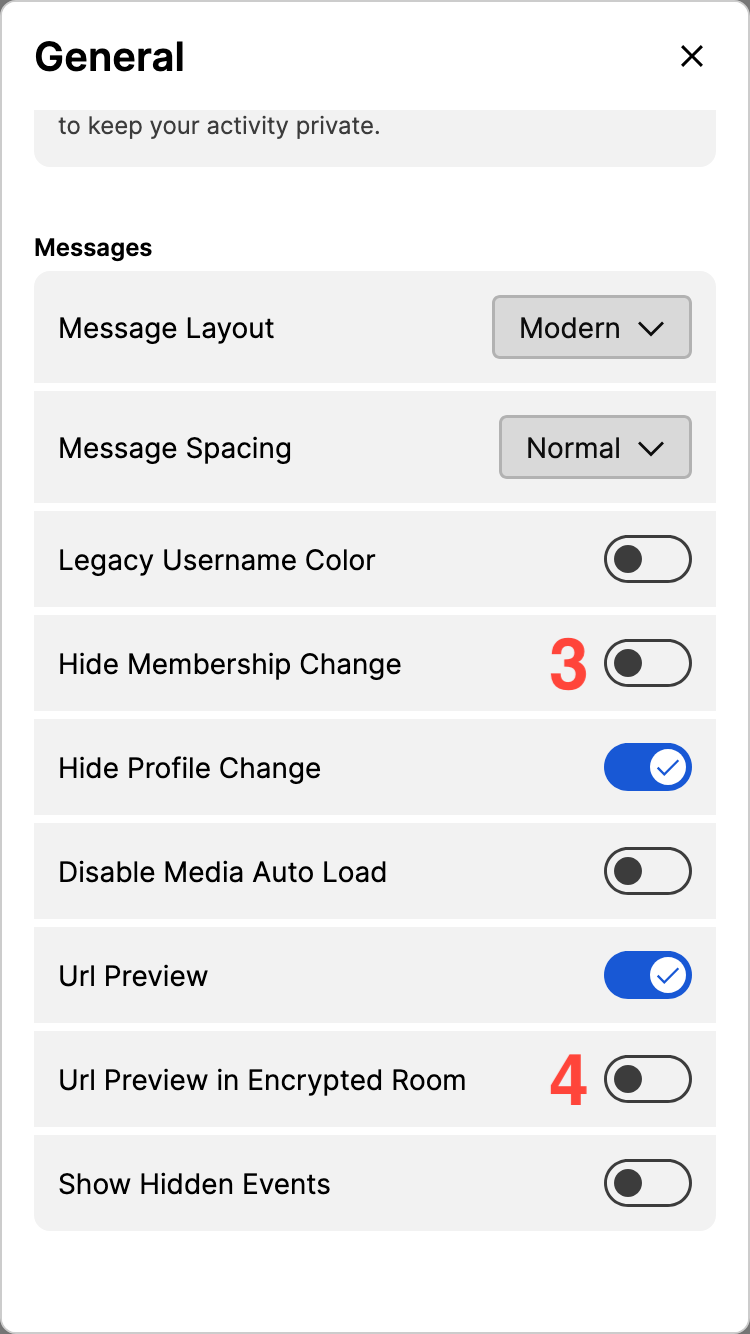 Screenshot highlighting the Hide Membership Change and Url Preview in Encrypted Room toggles